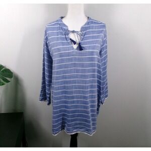 FRESH PRODUCE XL/XXL Blue Stripe Cover Up Long Sleeve Tassel Tunic NEW